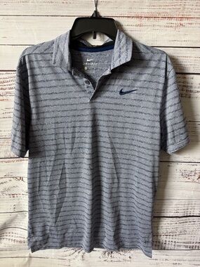 Nike Dri-Fit Men’s Heather Light Blue Polo with Navy Swoosh